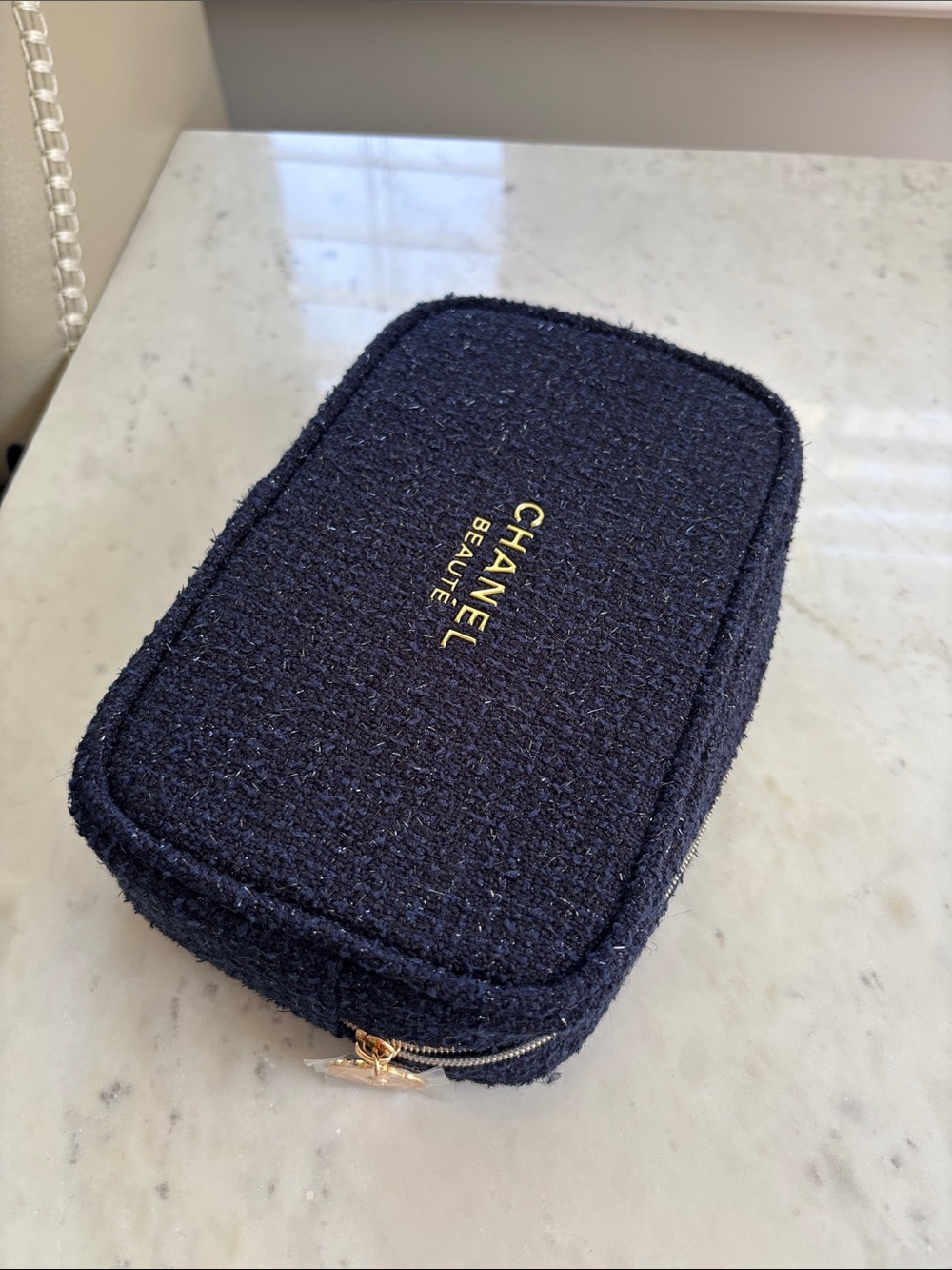 CHANEL Navy Tweed Zip Cosmetic Case with Gold Logo